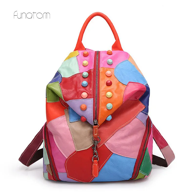 

Women Colorful Genuine Leather Backpack With Soft Handle Designer High Quality Sheep Skin Patchwork Rivet Backpacks For Travel