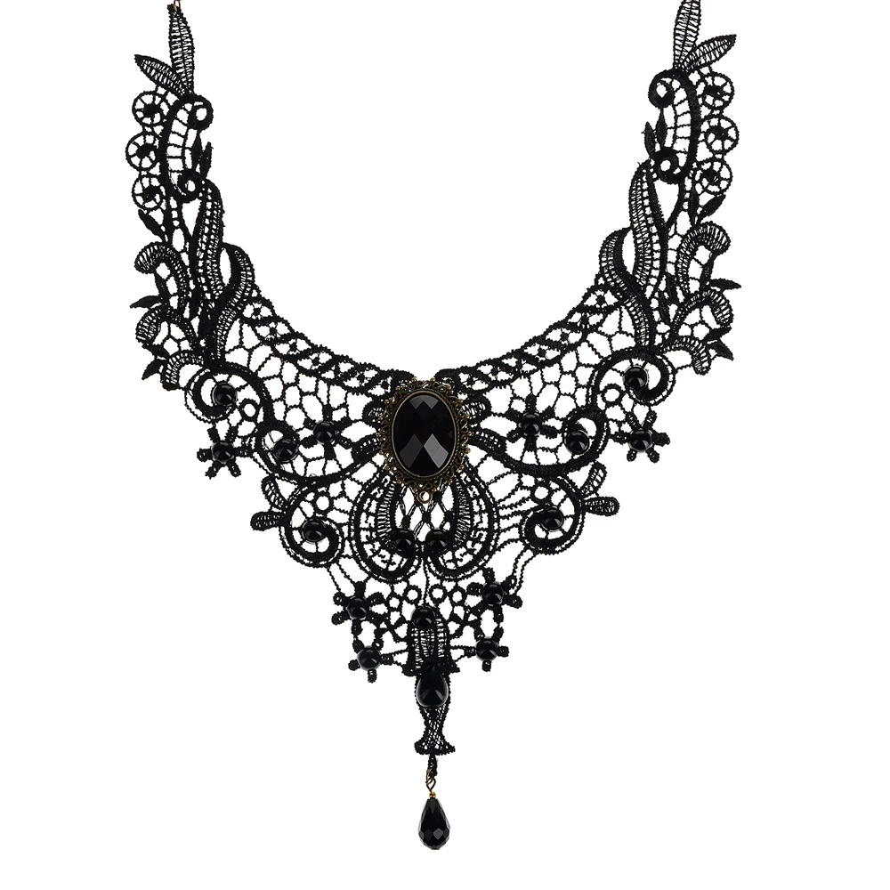Hot Sale Vintage Steampunk Necklace Black Lace Beads Rhinestone Choker Collar Necklace Gothic Jewelry