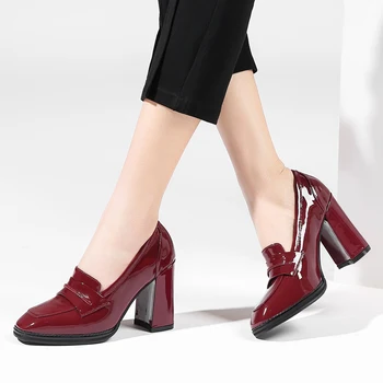 

British vintage style round toe real leather paint pumps fashion black red thick so kate high heels women shoes