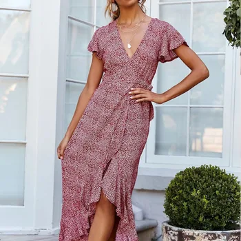 

Women casual summer dress flower print V-neck short-sleeved dress bow decoration Vestidos