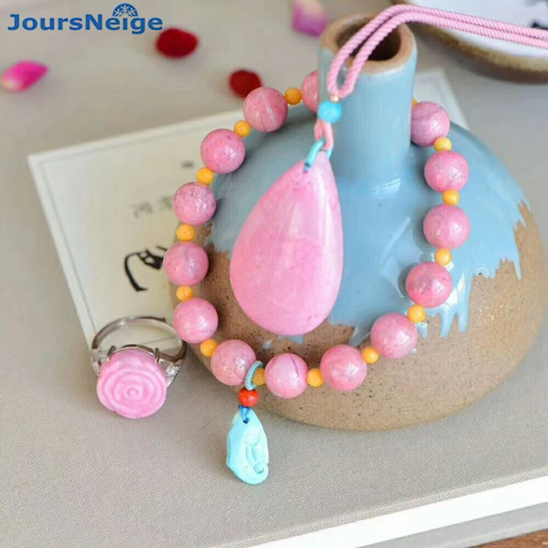 

Wholesale Genuine Pink Natural Stone Jewelry Sets Water Drop Pendant Necklace With Hand String Ring for Women Girl Gift Jewelry
