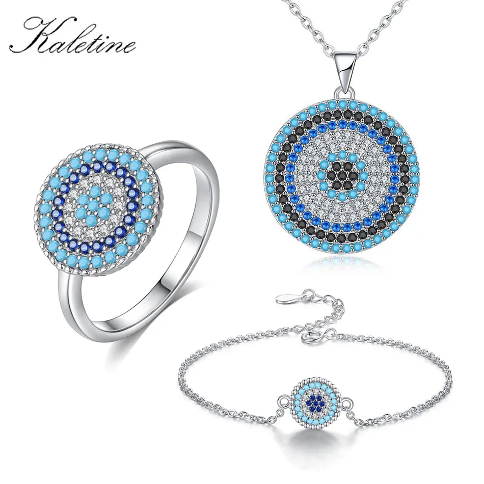 KALETINE Infinity 925 Sterling Silver Evil Eye Necklace Tennis Bracelet Ring Blue CZ Luxury Jewelry Sets For Women Best Gifts KALETINE Infinity 925 Sterling Silver Evil Eye Necklace Tennis Bracelet Ring Blue CZ Luxury Jewelry Sets For Women Best Gifts