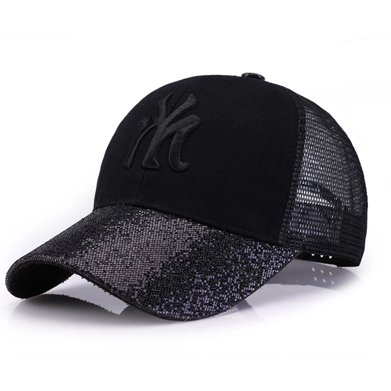 QIXINCAT New Fashion Shiny Glett Women Summer Sports Outdoors Adjustable Mesh Baseball Cap NY Embroidery High Quality Punk Hat - Цвет: Black