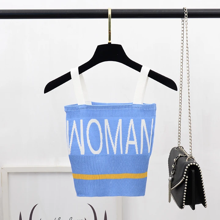 Небесно-голубой ALPHALMODA Для женщин Стиль Письмо Вязание Chic укороченные трикотажная кофточка блок Цвет короткие Трикотажный Слинг Топ Спортивная летние майки - Цвет: Небесно-голубой