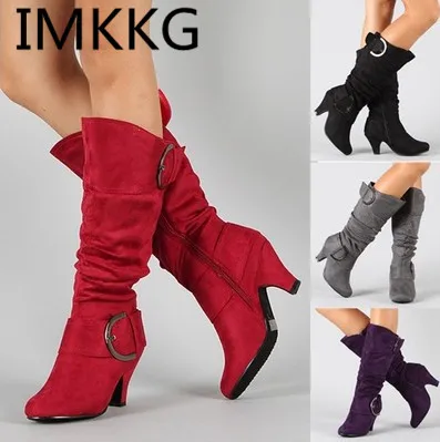 

Large Size 43 2018 Knee High Boots Women Autumn Faux Suede Buckle Fashion Spike Heels Woman Shoes Winter Hot Sale m441
