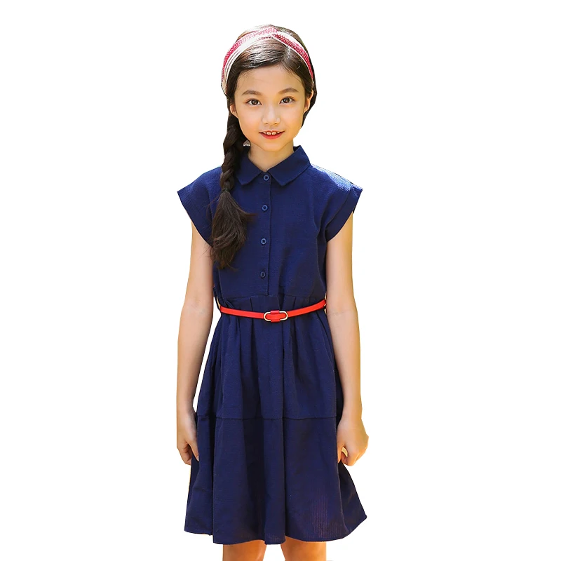 

Fashion Teenage Girls Dresses School Uniform Down Collar Short Sleeve Dress Summer Blue Cotton Princess Wedding Party Clothing