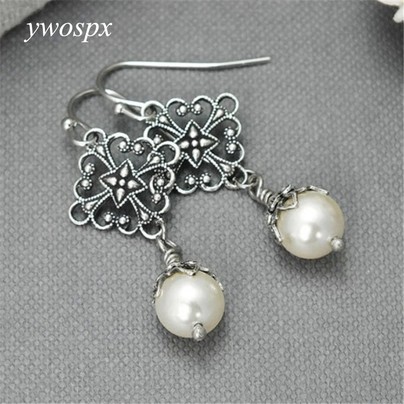 

Elegant White Imitation Pearl Dangle Earrings for Women Jewelry Wedding Engagement Vintage Drop Earring Silver Color Brincos Y40