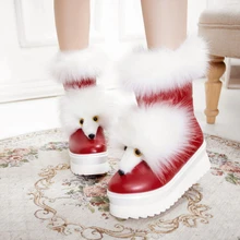 Women real genuine leather Mid Calf boots high heel snow boots Fox fur fashion boots shoes