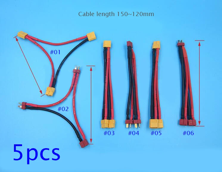 5Pcs Lipo Battery Wire w T/XT60 Plug Female/Male Connector Parallel