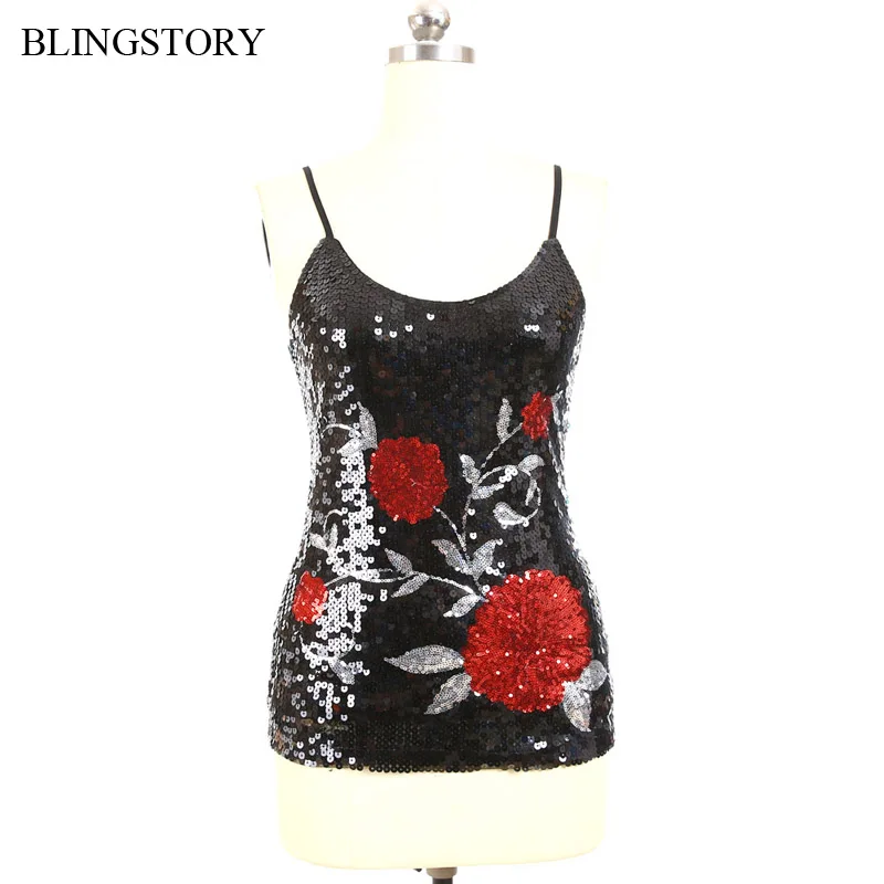 

BLINGSTORY Brand Sexy Women's Sequin Tank Top blusa feminino beautiful flower Camisole Camis summer Vest drop-shipping