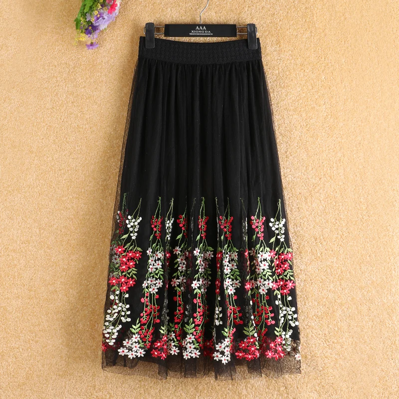 2018 Summer High Waist Floral Embroidery Mesh Skirts Women Flower Embroidery Mesh Skirts Long