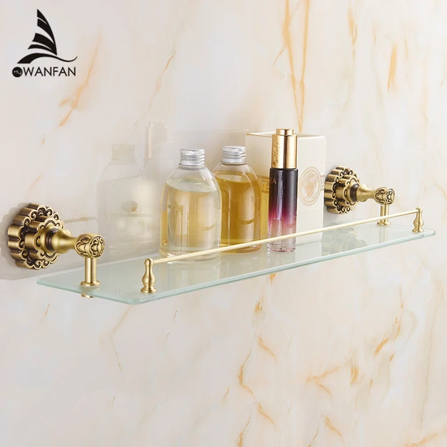 Luxury Bathroom Gold Brass Wall Mounted Glass Shower Shelves