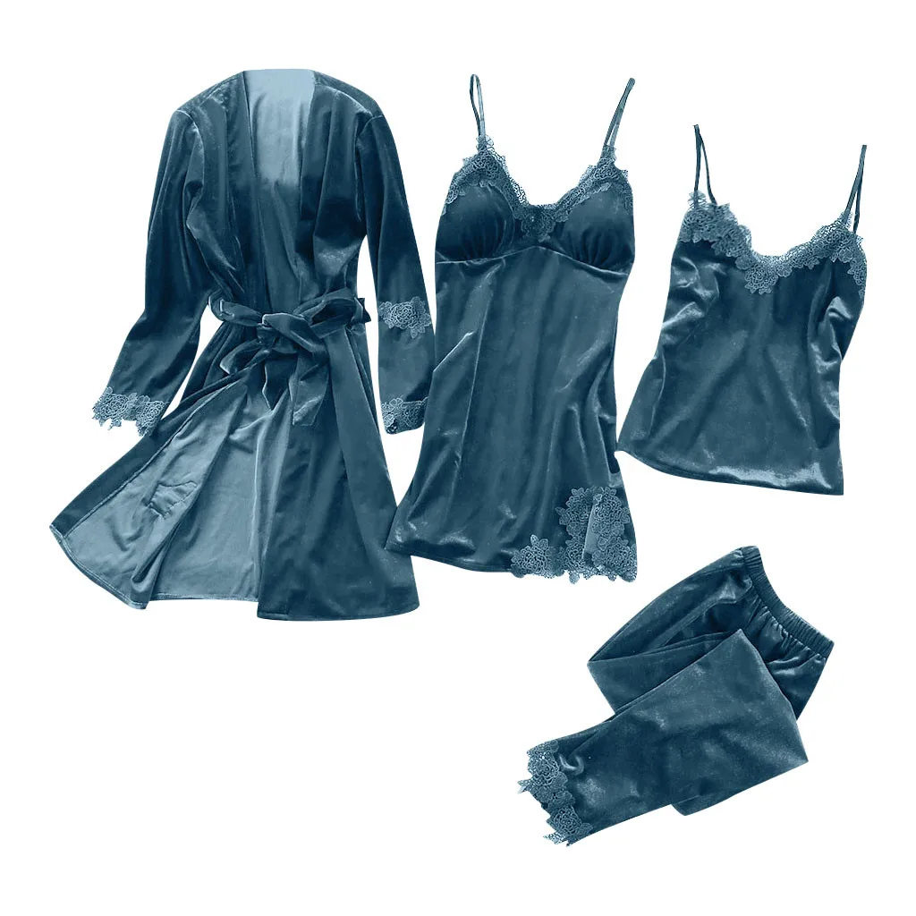 Женская кружевная ночная одежда в стиле пэчворк; четыре комплекта бархатных пижам; костюм gecelik; комплект bayan gecelik takimlari#30 - Цвет: Blue