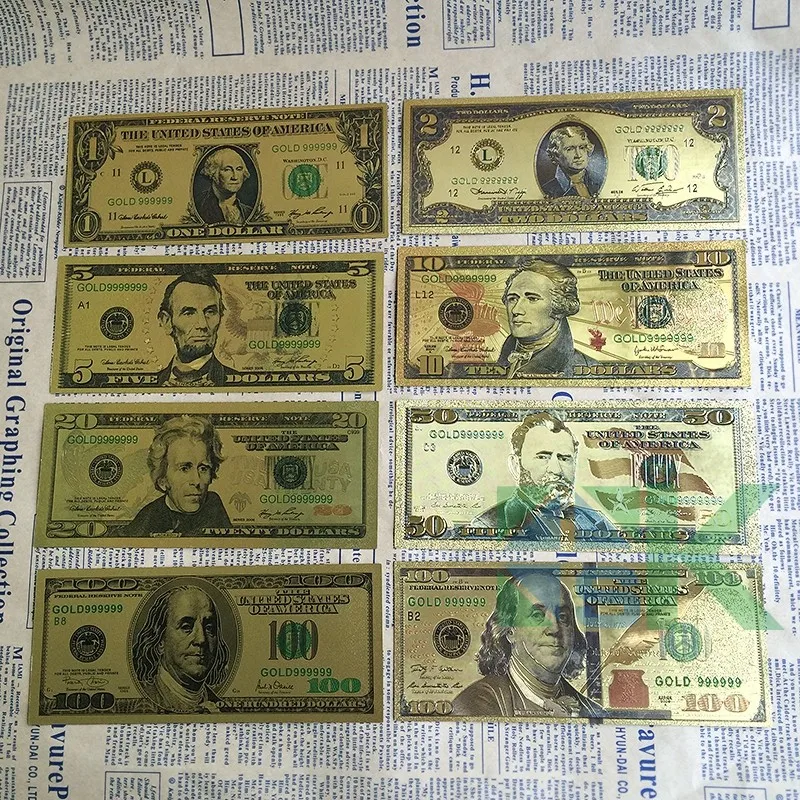 8 шт./лот 8 различных дизайн американские долларовые банкноты из золотой фольги покрытием банкноты Америка бумага деньги для сбора/банкноты