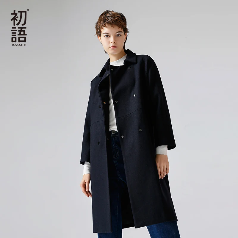 

Toyouth Woollen Coat 2017 Winter Women Casual Solid Color Double-Breasted Slim Long Woolen Overcoat