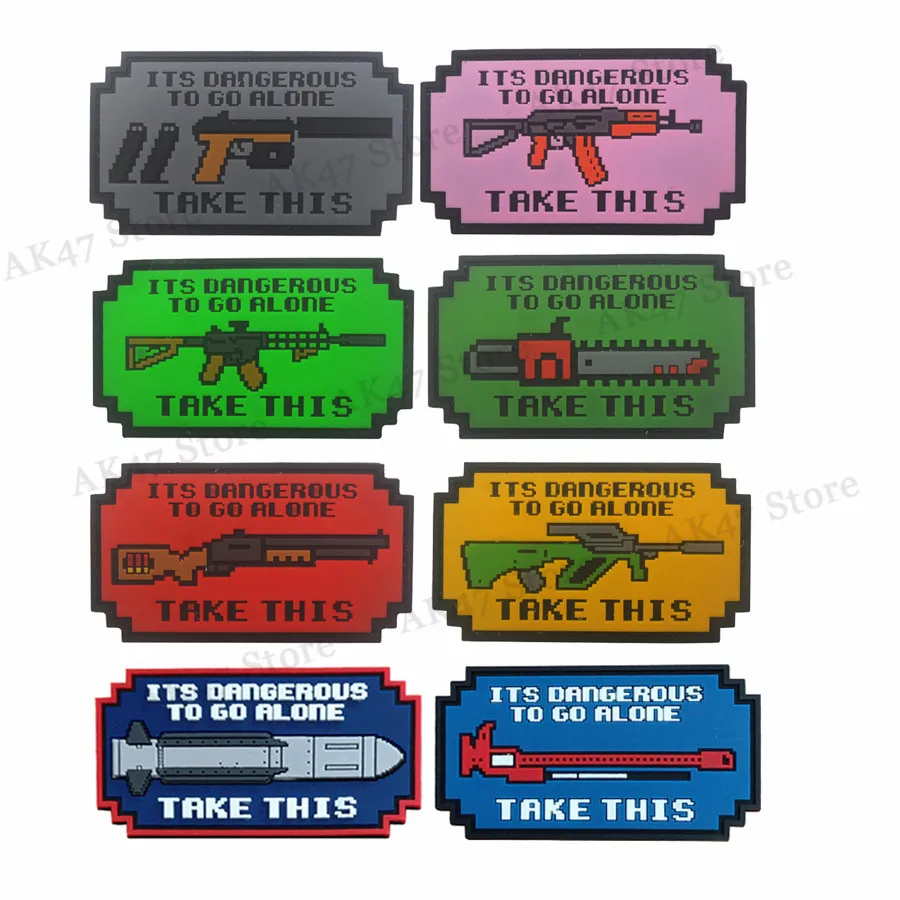 

Retro Video Game Dangerous Go Alone Take WEAPON Gun Missile Rifle Kalashnikov AK47 Morale Tactical SWAT Patch Badge Applique