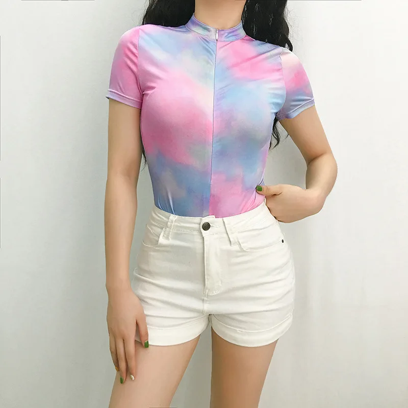 

Colorful Tie Dye Print Vintage Bodycon Bodysuit Women Harajuku Short Sleeve Casual Jumpsuit Summer Short Overalls for Women