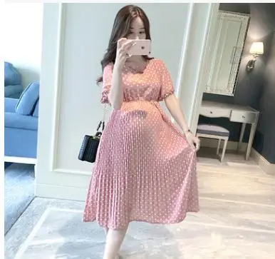 Maternity Dresses 2019 Summer Fashion Clothes for Pregnant Women Polka Dot Print Chiffon Short-sleeved Maternity Dress QL108