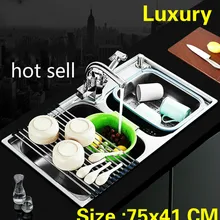 Квартира vogue двойной кухонный паз раковина роскошный 304 Нержавеющая сталь мыть блюда Горячая 750x410 мм