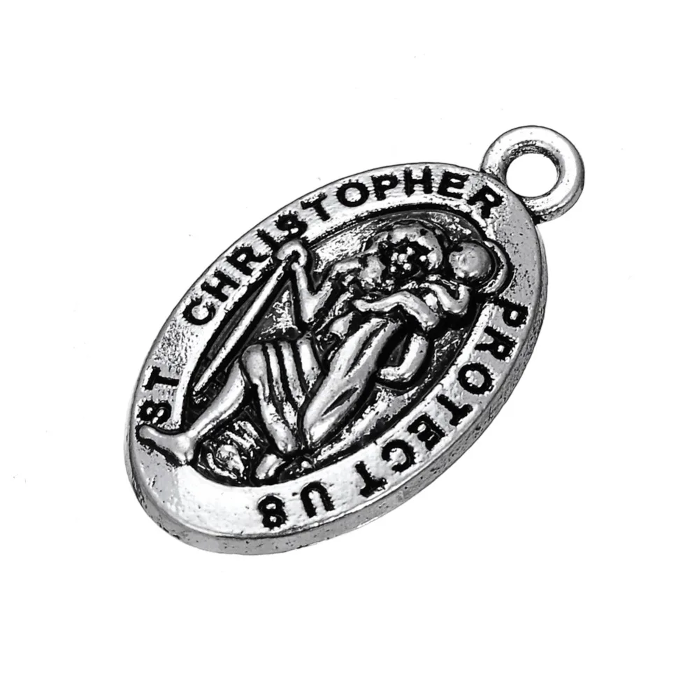 10pcs/lot Saint Christopher Protect Us Word Engraved Religious Design Round/Oval Charm For DIY Necklace