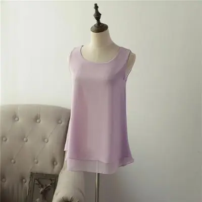 New Solid color Women Long Chiffon shirt summer Casual Top plus size S-6XL Loose sleeveless Blouse Double chiffon Blouses - Цвет: Light purple