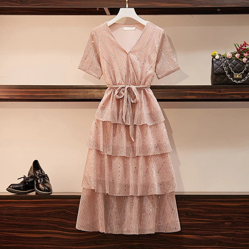 Big Size Jurk, Vet Mm Zomer Jurk, Chiffon V-hals Lovertjes Jurk, Taart Rok Big Size Jurk, Vet Mm Zomer Jurk, Chiffon V-hals Lovertjes Jurk, Taart Rok