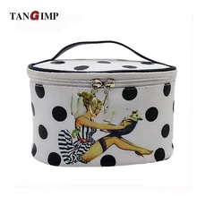 TANGIMP 2017 Professional Cosmetic Case Hand-held Portable PU Pin-up Beauty & Dog Printed Women Makeup Organizer with Mirror