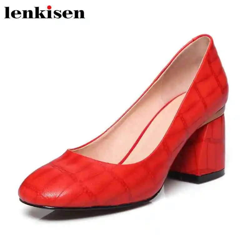 

Lenkisen 2018 sheep leather plus size round toe solid slip on bamboo joint grain high thick heels mature women party pumps L03
