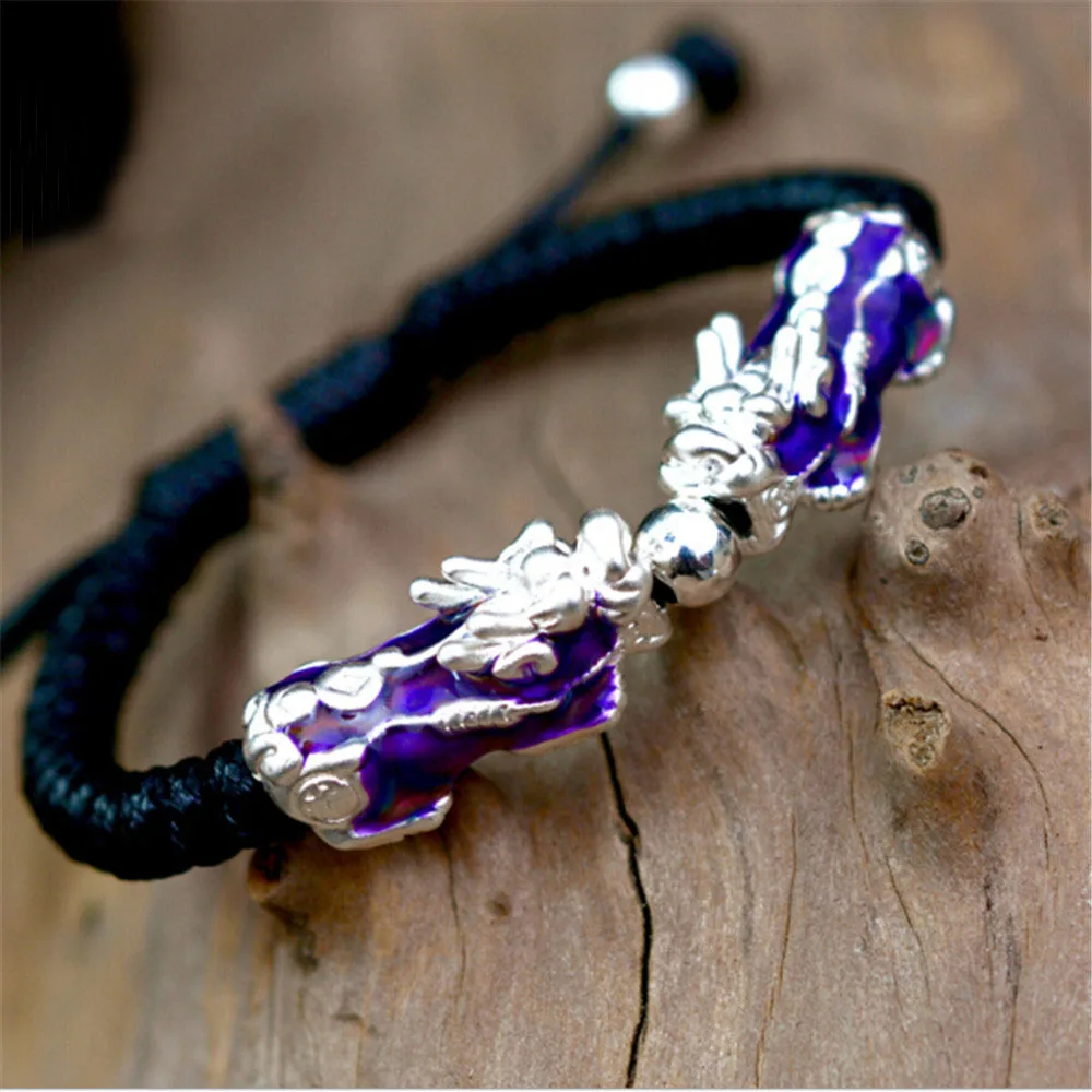 

Hand Knitting Black Bracelet Color Change with Temperature 999 Silver Pixiu Charm Men Fashion Pixiu Charm Bracelet Wholesale