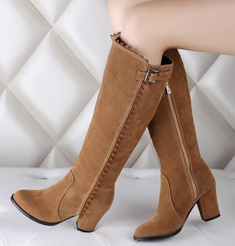 

New women boots Winter Thick High Heels Platforms Motorcycle Boots Women Fashion Knee High Round Toe zipper Boots Sale