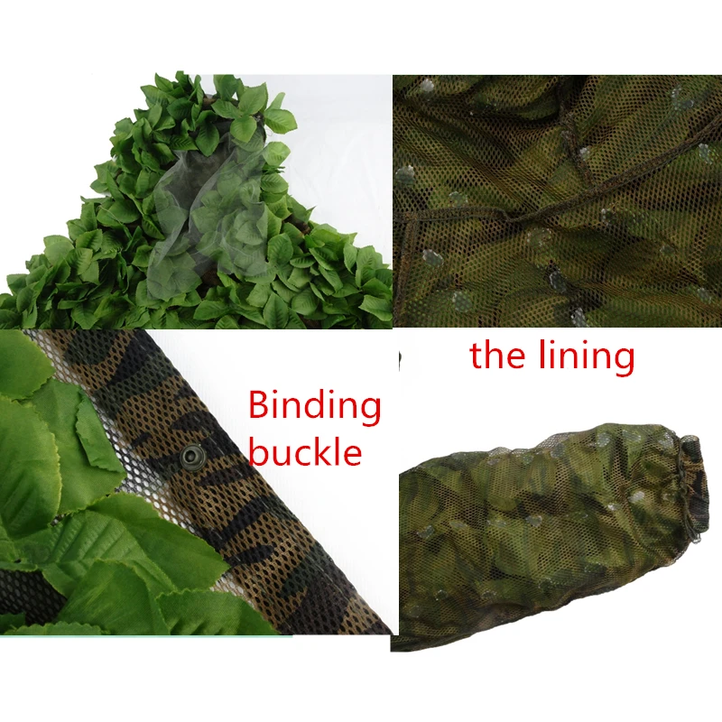 Оставить военный камуфляж Ghillie Костюмы дышащая сетка + зеленые листья