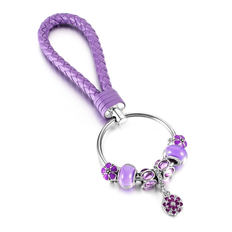 KEORMA New Elegance Product Purple Enamel Charms Pendant & Beads Key Chain with Purple Leather