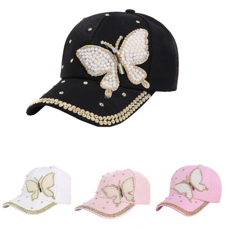 Для женщин Бейсбол шапки бренда Bling Жемчужина-бабочка пайетки кепки в стиле хип-хоп Брендовая Дизайнерская обувь на кнопках сзади женские