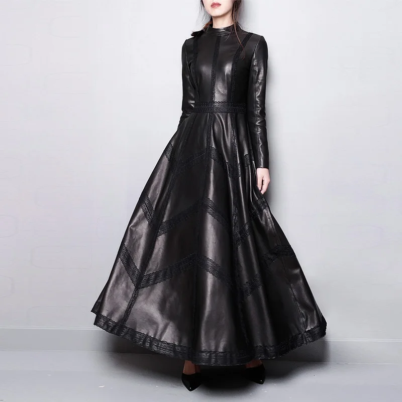 

Women Dresses Genuine Leather Dress Custom-made Autumn Winter 2018 Stand Collar Female Dress A style Sheepskin outwear QX395