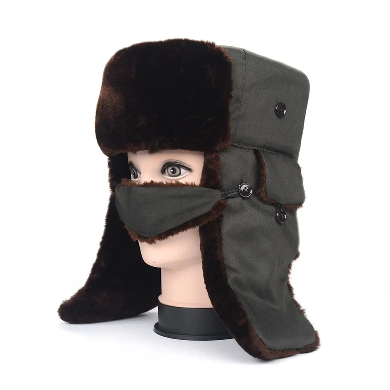 New Bomber Hats Russian Ushanka Earflap Cossack Cold Mask Mens Winter Hats Ear Flaps Women'S Winter Trapper Cap Snow - Цвет: Армейский зеленый