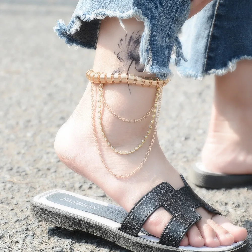 Women's Anklet Golden Wide Ankle Bracelet Barefoot Sandals Foot