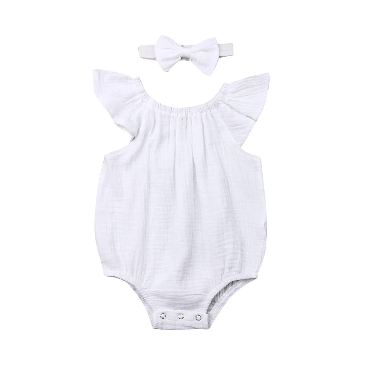Летняя одежда для малышей, Милый хлопковый комбинезон для маленьких мальчиков и девочек, комбинезон с оборками и короткими рукавами, повязка на голову, 2 шт - Цвет: Белый