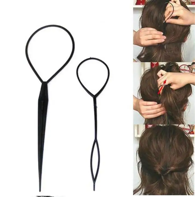 Popular 1 pair 2 pcs Hair Braid Maker Ponytail Creator Plastic Loop Styling Tools Black Topsy Pony Tail Clip Styling Tool