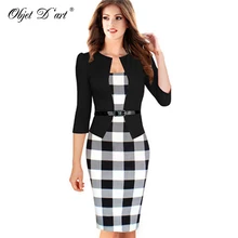 New Three Quarter Sleeve Women Dress Tartan Patchwork Tunic Dress Work Business Plaid Bodycon Pencil Sheath