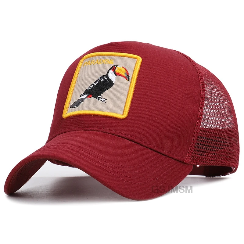 

New Fashion Bird Embroidery Mesh Baseball Cap Unisex Adjustable Snapback Lovely Animals Caps Toucan Hat Women Men Summer Bone