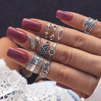 

9PCS Vintage Rings Set Boho Leaves flower arrow spiral silver color midi knuckle ring for women bohemian jewellery anillos anel