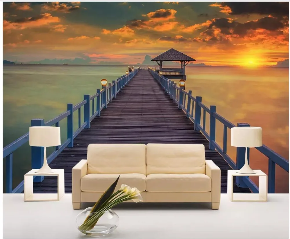 

Custom photo 3d wallpaper Sunset glow wooden bridge gazebo scenery home decor living room 3d wall murals wallpaper for walls 3 d