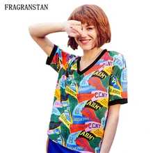 Женский сезон: весна–лето v-образным вырезом короткий рукав Футболка Дамская мода письмо хит Цвет Принт футболки Повседневное свободные Для женщин топ Q720