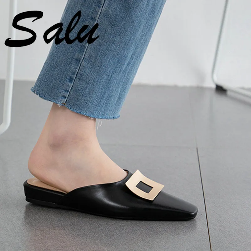 

Salu Brand Women Sandals Genuine Leather Low Heel Summer Elegant Pointed Toe Shoes Women Buckles Gladiator Sandals