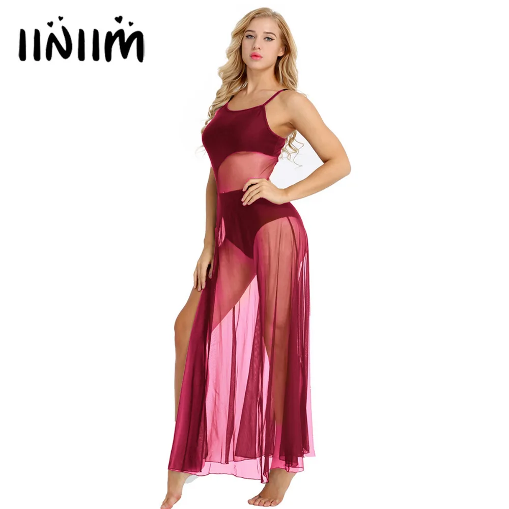 

iiniim Women Adult Spaghetti Strap Sleeveless Asymmetrical Mesh Maxi Dance Dress with Built-In Gymnastics Leotard Dance Dress
