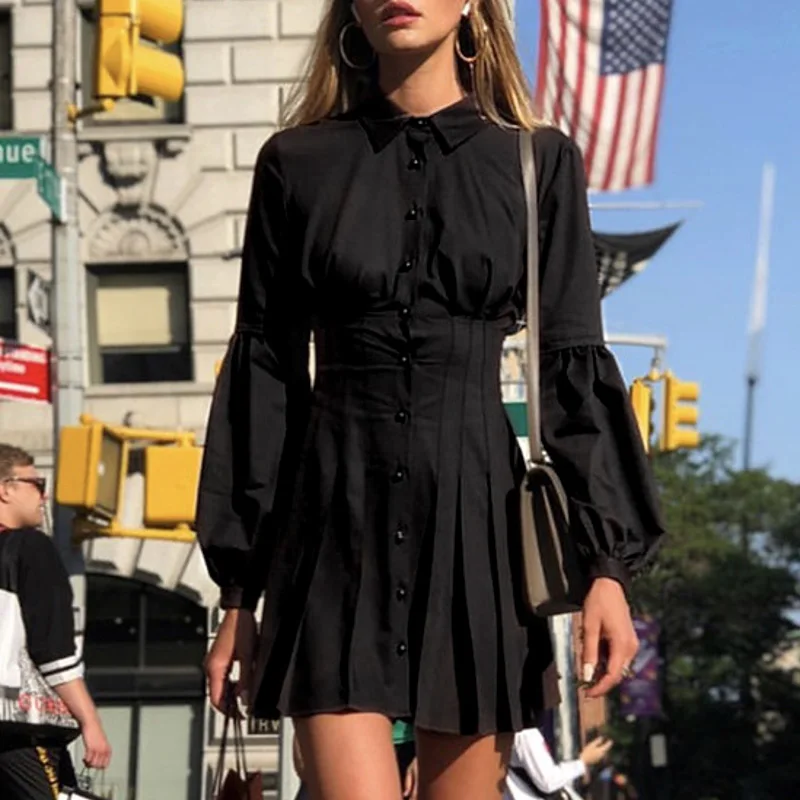 

Elegant long sleeve women shirt dress Sexy A line short black office female dresses Casual solid mini spring vestidos