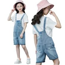 Rlyaeiz/От 5 до 13 лет джинсовые комбинезоны для девочек Новая весенне-летняя детская одежда Повседневные детские брюки на подтяжках однотонные джинсы для девочек, Короткие
