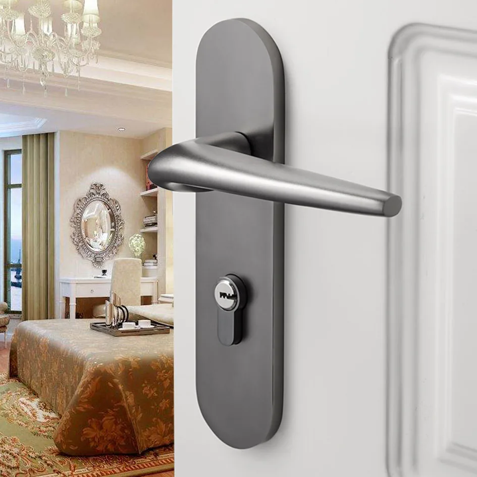  Black solid space aluminum door locks Continental bedroom minimalist interior door handle lock cyli - 33028662647