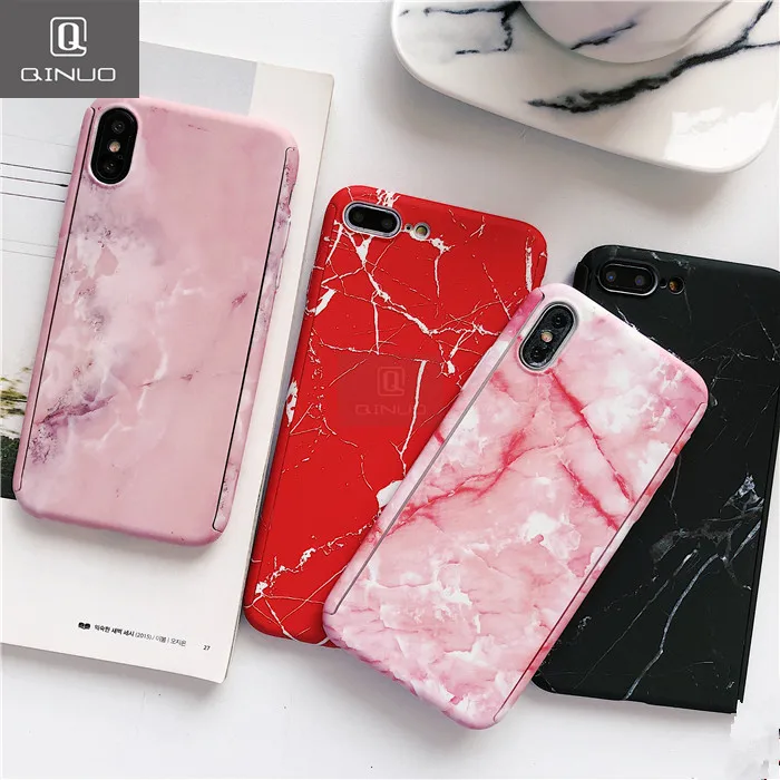 

QINUO 360 Degree Full Cover Marble Case for iPhone 6 6s 8 7 Plus 5 5S SE Matte Hard Tempered Glass Capa for iPhone X XS Max XR