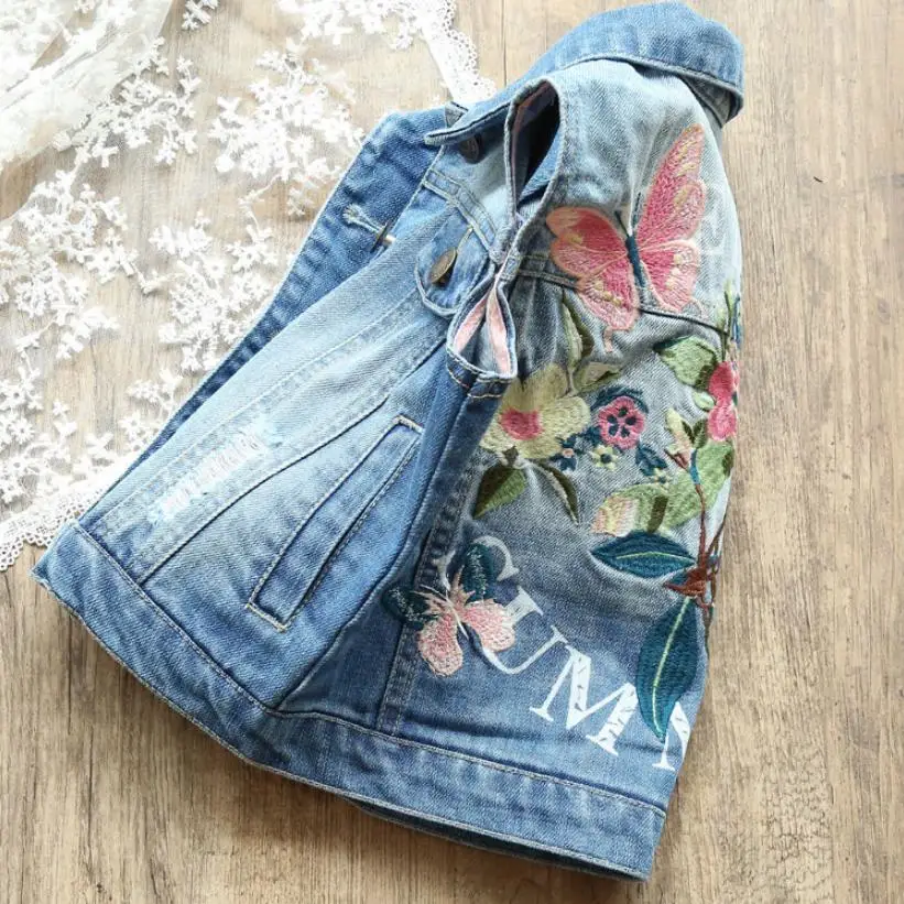 

Children's denim vest coat baby girls clothes kids embroidery casual jean waistcoat jacket teens toddler sleeveless outwear Y958